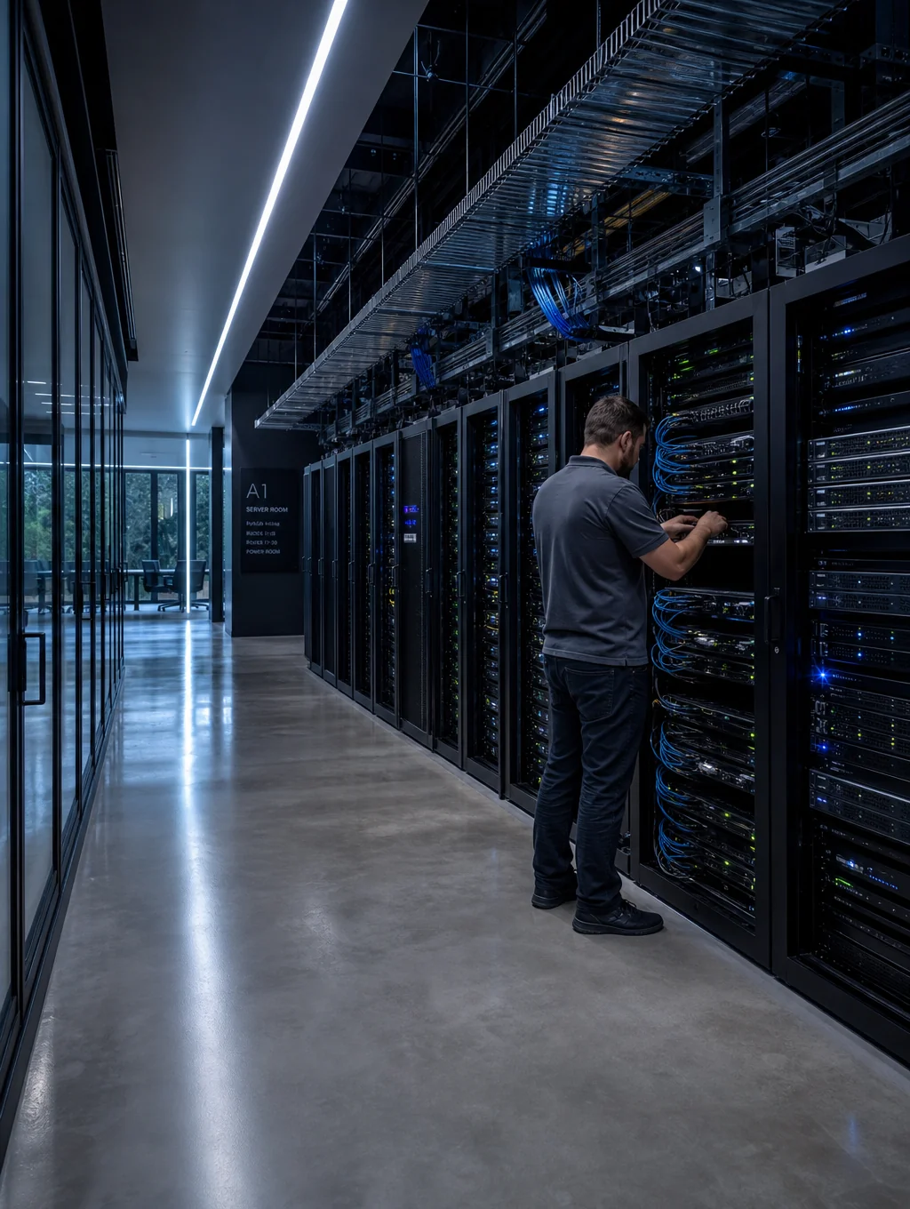 High-tech server room with blue lighting and data cables