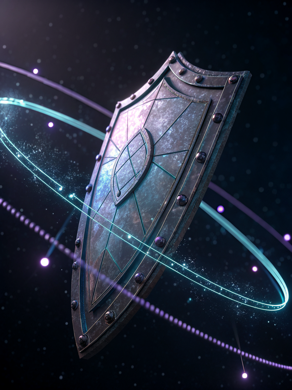 Abstract digital security shield and data encryption visualization